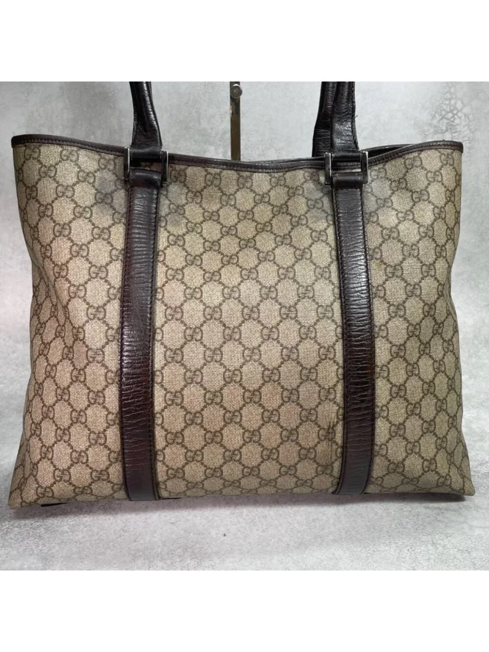 Gucci GG Tote Bag Brown Beige Leather Logo